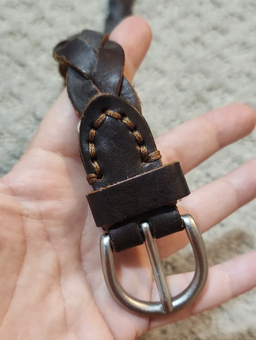 Braided Brown Leather Belt With Silver Tone Buckle & Harness Style Rings Large